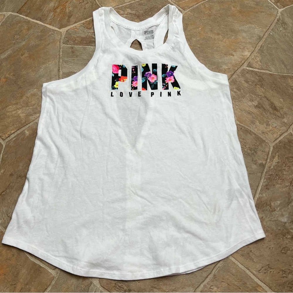 PINK Victoria’s Secret Womens S White Floral Logo Racerback Tank Top